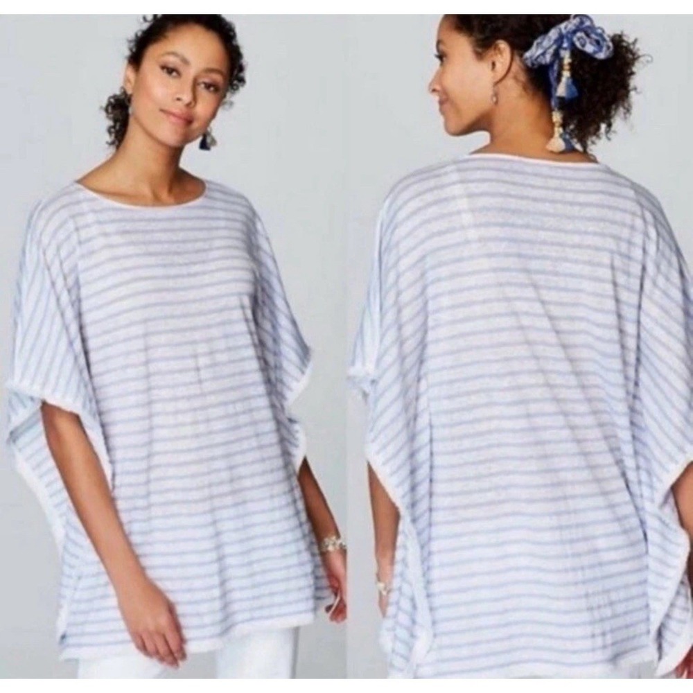 J Jill Linen Poncho Size M/L Striped‎ Fringe Lightweight Pullover Knit Top Boho